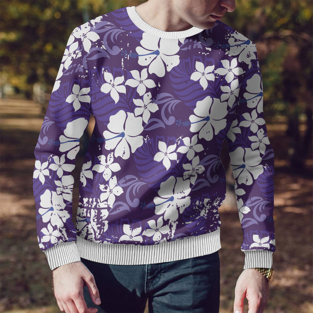 Purple Hawaiian Hibiscus Monstera Ugly Christmas Sweater Grunge Stylized