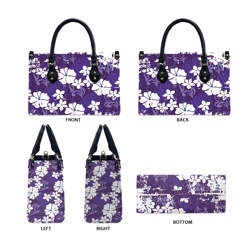 Purple Hawaiian Hibiscus Monstera Leather Bag Grunge Stylized