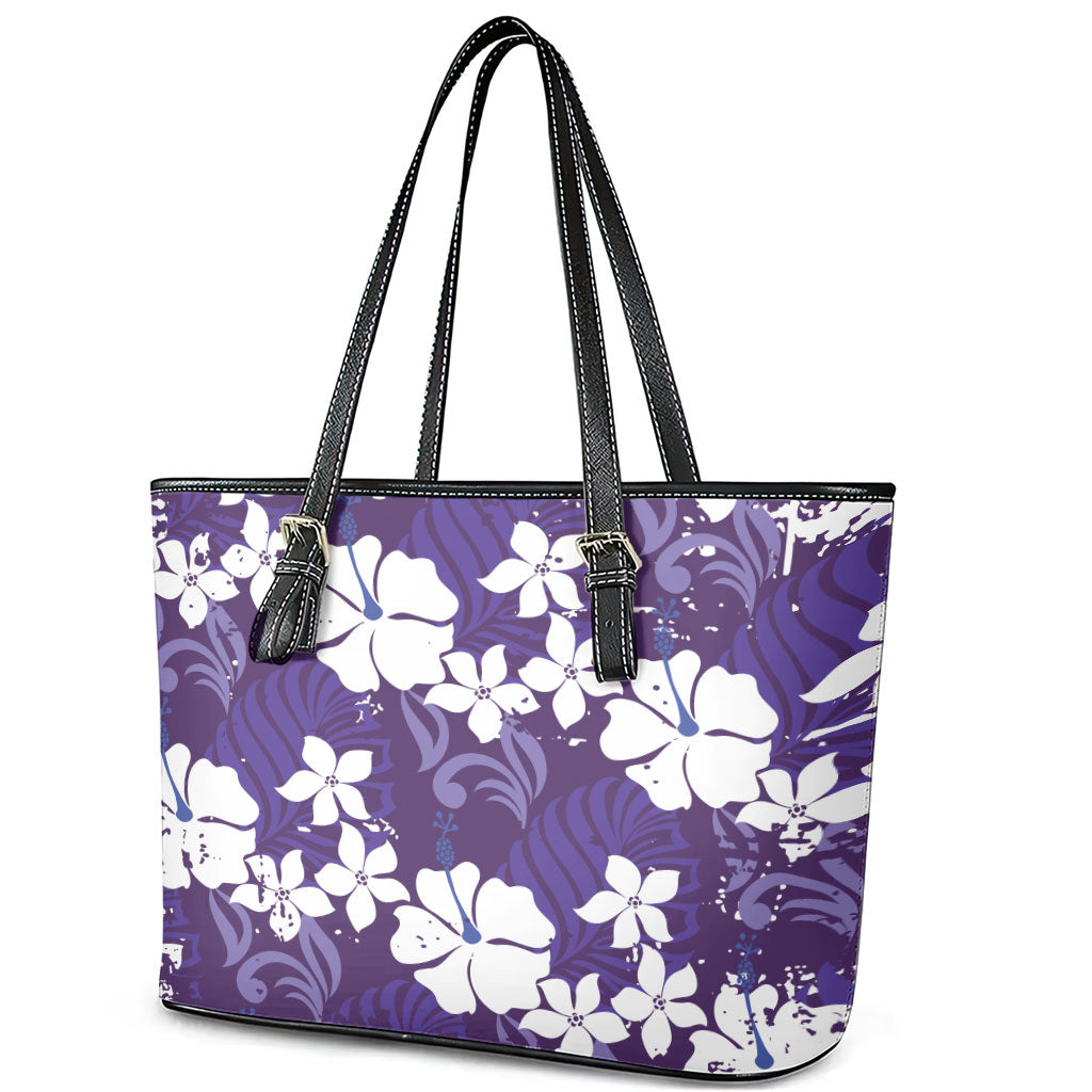 Purple Hawaiian Hibiscus Monstera Leather Tote Bag Grunge Stylized
