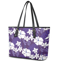 Purple Hawaiian Hibiscus Monstera Leather Tote Bag Grunge Stylized