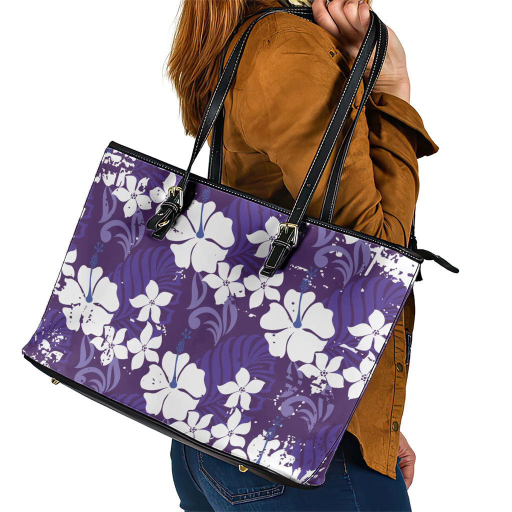 Purple Hawaiian Hibiscus Monstera Leather Tote Bag Grunge Stylized