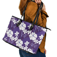 Purple Hawaiian Hibiscus Monstera Leather Tote Bag Grunge Stylized