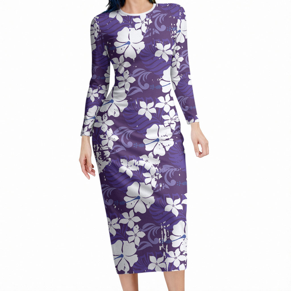 Purple Hawaiian Hibiscus Monstera Long Sleeve Bodycon Dress Grunge Stylized LT01 Long Dress Purple - Polynesian Pride