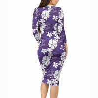 Purple Hawaiian Hibiscus Monstera Long Sleeve Bodycon Dress Grunge Stylized LT01 - Polynesian Pride