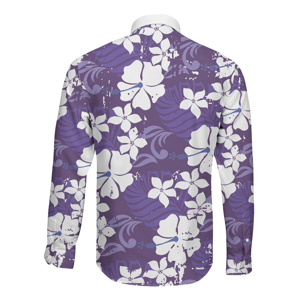 Purple Hawaiian Hibiscus Monstera Long Sleeve Button Shirt Grunge Stylized LT01 - Polynesian Pride