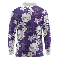 Purple Hawaiian Hibiscus Monstera Long Sleeve Polo Shirt Grunge Stylized LT01 - Polynesian Pride