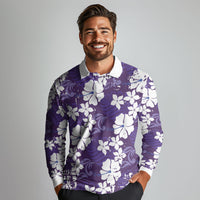 Purple Hawaiian Hibiscus Monstera Long Sleeve Polo Shirt Grunge Stylized LT01 - Polynesian Pride