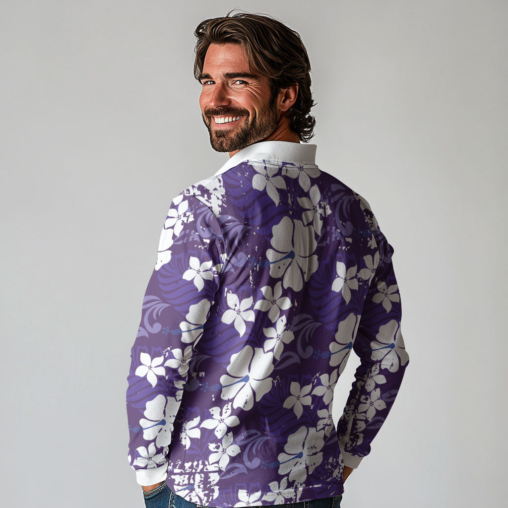 Purple Hawaiian Hibiscus Monstera Long Sleeve Polo Shirt Grunge Stylized LT01 - Polynesian Pride
