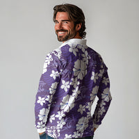 Purple Hawaiian Hibiscus Monstera Long Sleeve Polo Shirt Grunge Stylized LT01 - Polynesian Pride