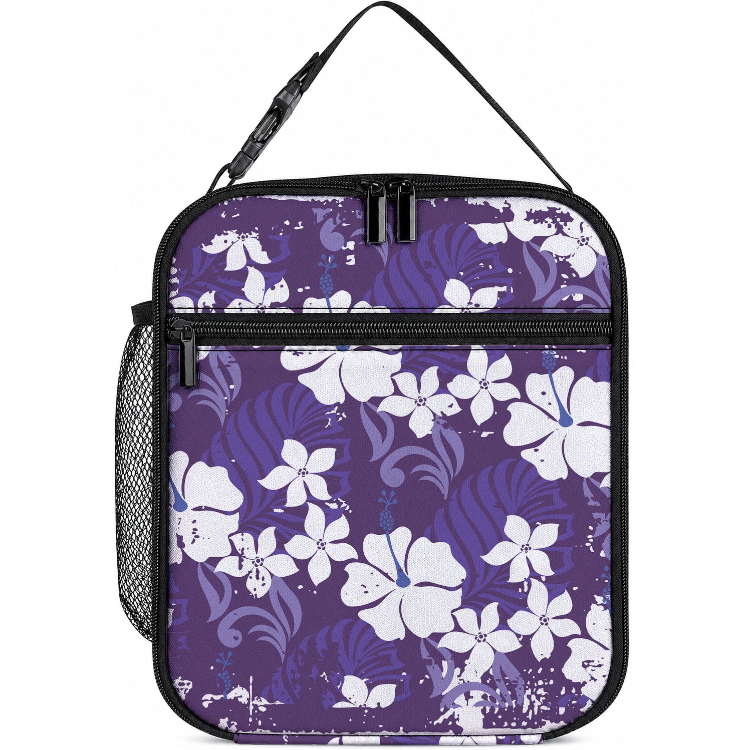 Purple Hawaiian Hibiscus Monstera Lunch Bag Grunge Stylized LT01 10.2 × 8.3 × 4.3 inch Purple - Polynesian Pride