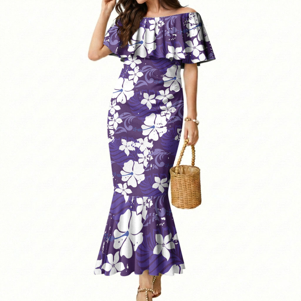 Purple Hawaiian Hibiscus Monstera Mermaid Dress Grunge Stylized LT01 Women Purple - Polynesian Pride
