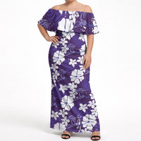 Purple Hawaiian Hibiscus Monstera Off Shoulder Maxi Dress Grunge Stylized LT01 Women Purple - Polynesian Pride