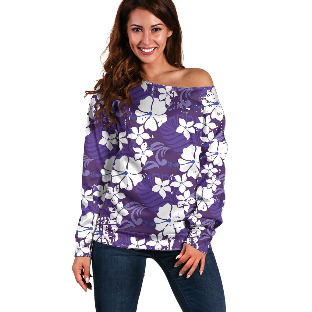 Purple Hawaiian Hibiscus Monstera Off Shoulder Sweater Grunge Stylized