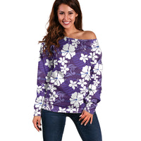 Purple Hawaiian Hibiscus Monstera Off Shoulder Sweater Grunge Stylized