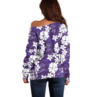 Purple Hawaiian Hibiscus Monstera Off Shoulder Sweater Grunge Stylized