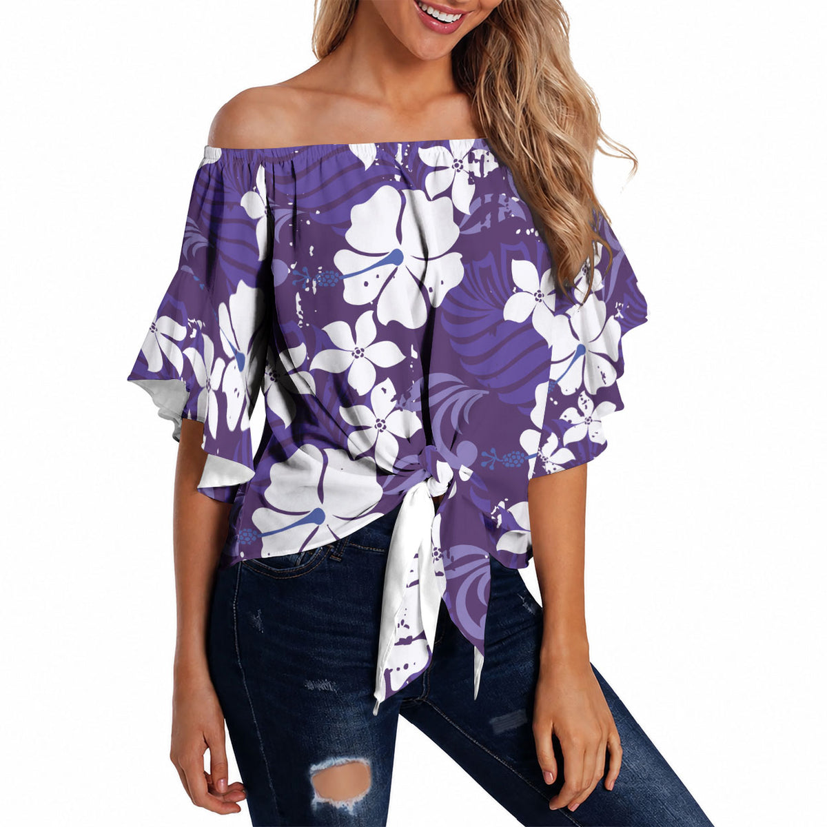 Purple Hawaiian Hibiscus Monstera Off Shoulder Wrap Waist Top Grunge Stylized LT01 Purple - Polynesian Pride