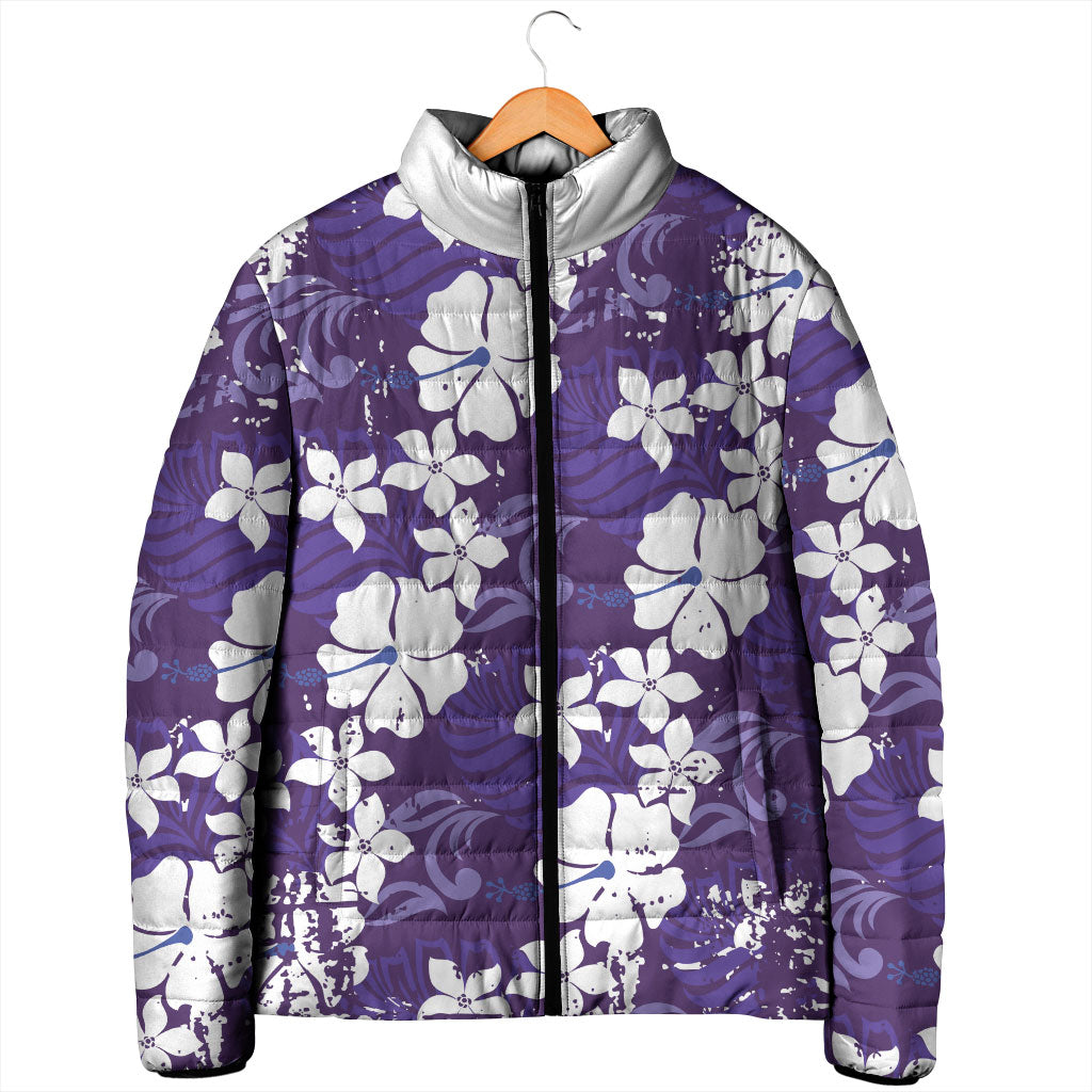 Purple Hawaiian Hibiscus Monstera Padded Jacket Grunge Stylized