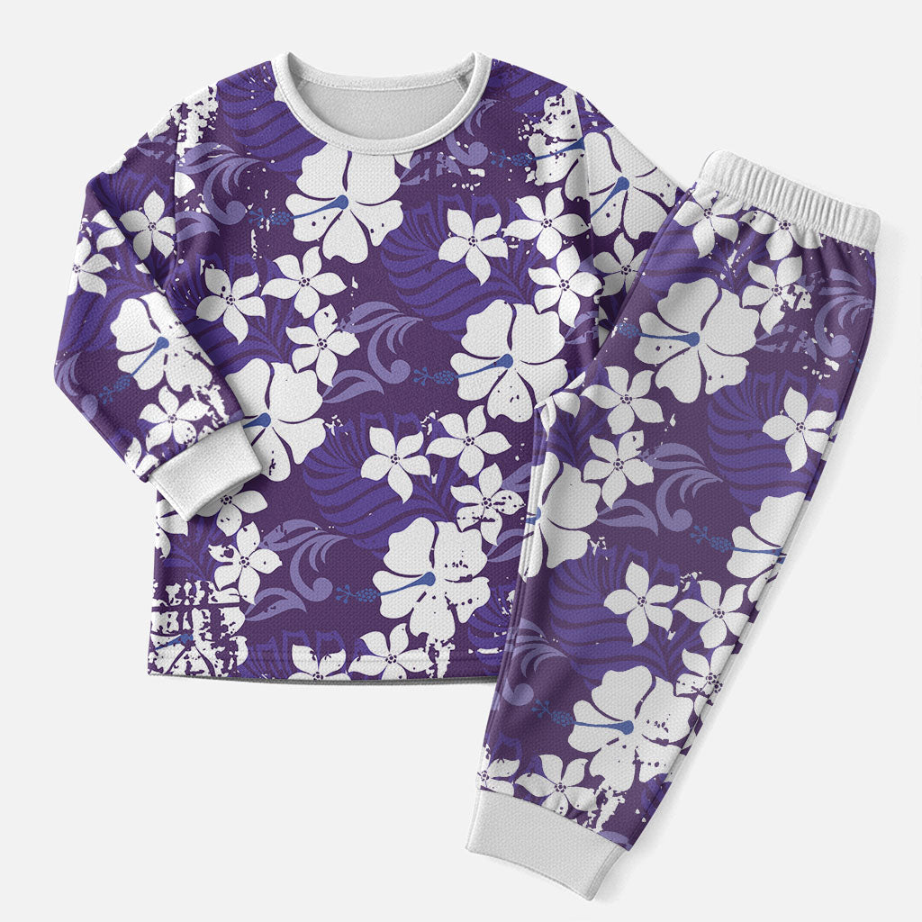 Purple Hawaiian Hibiscus Monstera Christmas Pajama Set Grunge Stylized LT01 Men Purple - Polynesian Pride