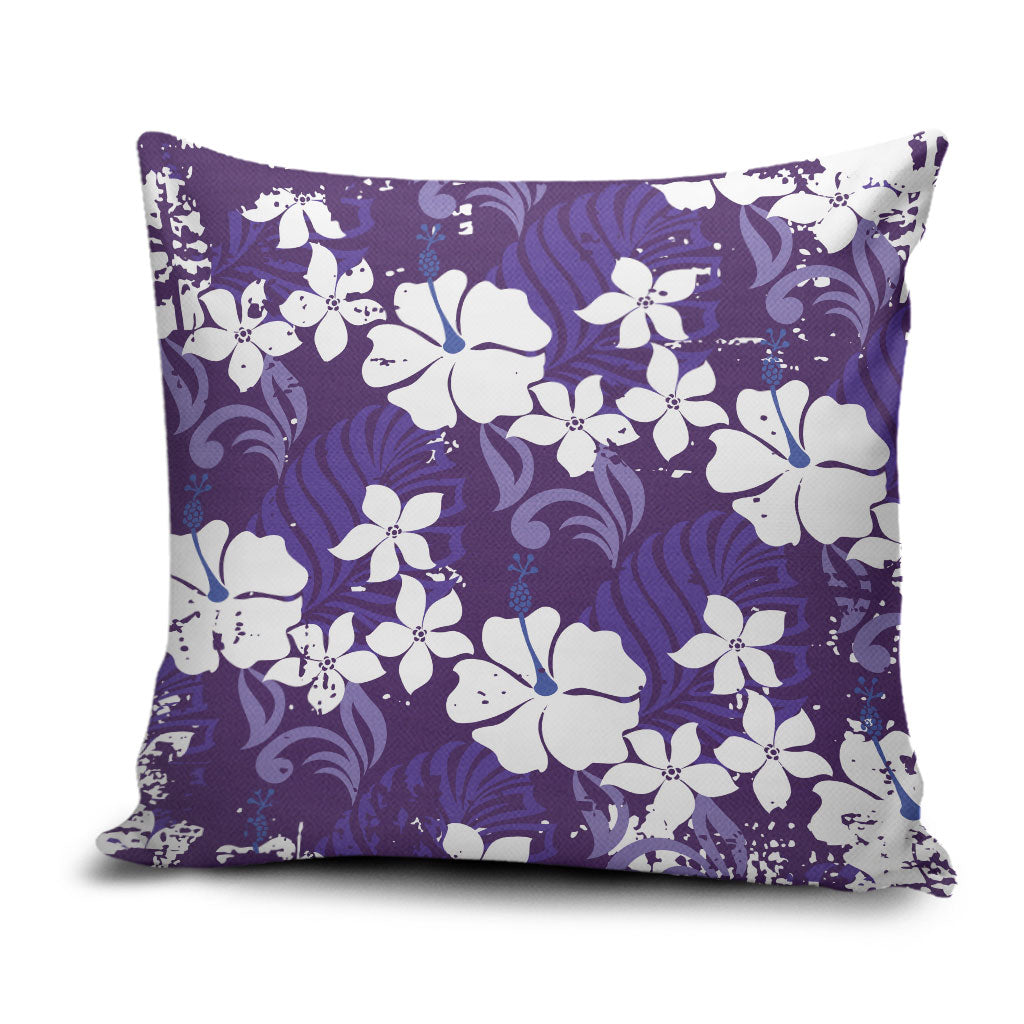 Purple Hawaiian Hibiscus Monstera Pillow Cover Grunge Stylized