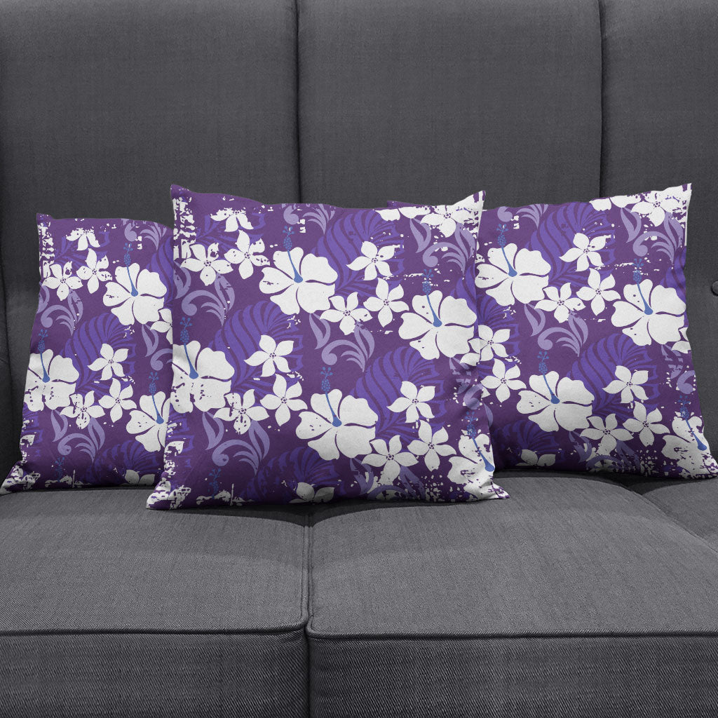 Purple Hawaiian Hibiscus Monstera Pillow Cover Grunge Stylized