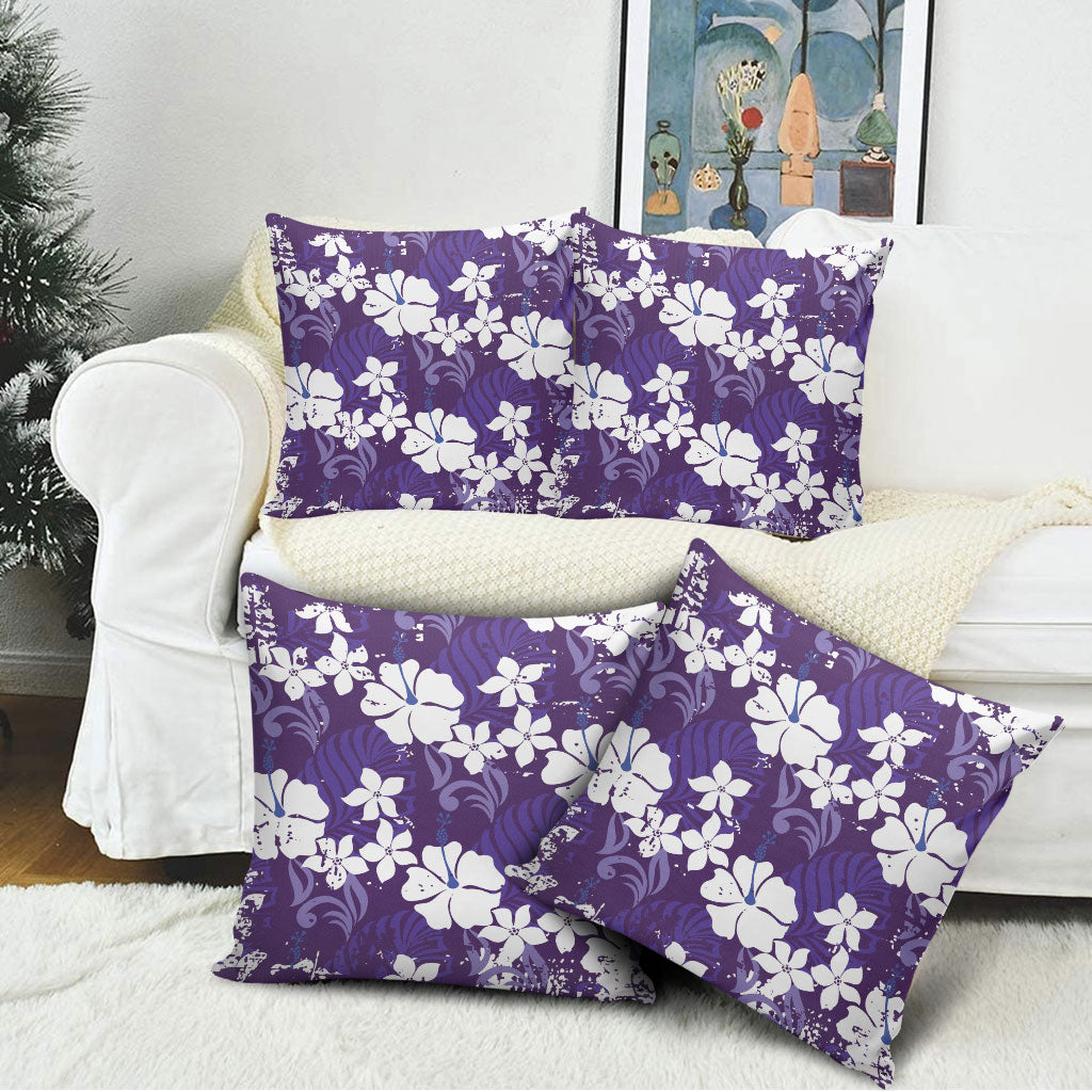 Purple Hawaiian Hibiscus Monstera Pillow Cover Grunge Stylized