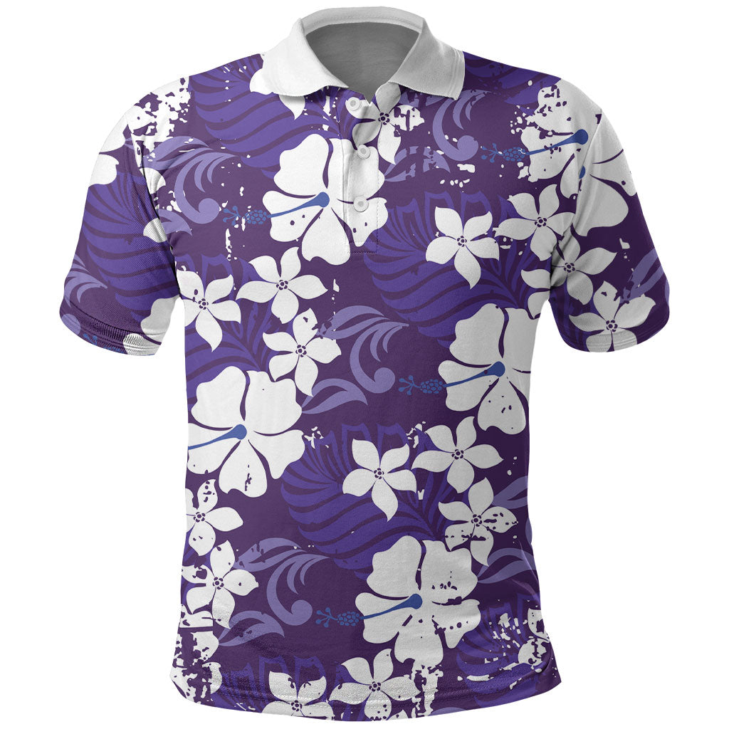 Purple Hawaiian Hibiscus Monstera Polo Shirt Grunge Stylized LT01 Purple - Polynesian Pride