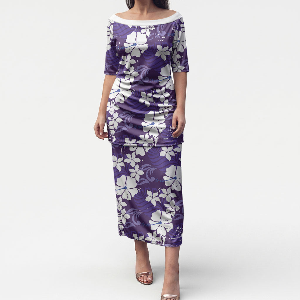 Purple Hawaiian Hibiscus Monstera Puletasi Grunge Stylized LT01 Long Dress Purple - Polynesian Pride