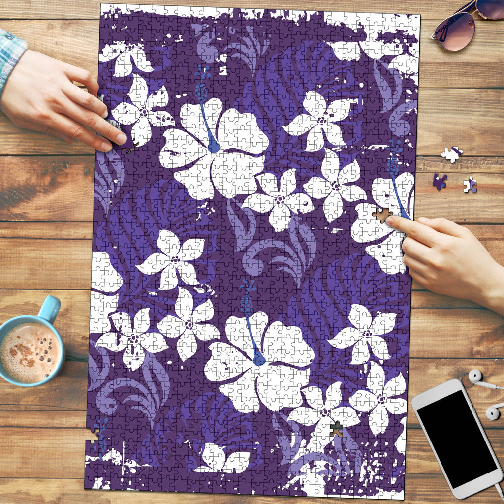 Purple Hawaiian Hibiscus Monstera Puzzle Grunge Stylized