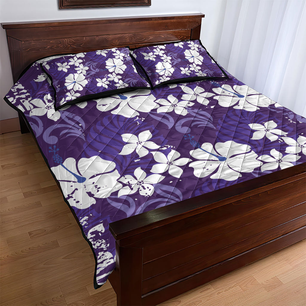 Purple Hawaiian Hibiscus Monstera Quilt Bed Set Grunge Stylized