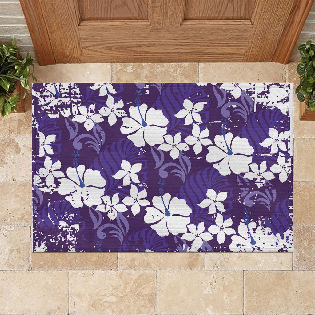 Purple Hawaiian Hibiscus Monstera Rubber Doormat Grunge Stylized