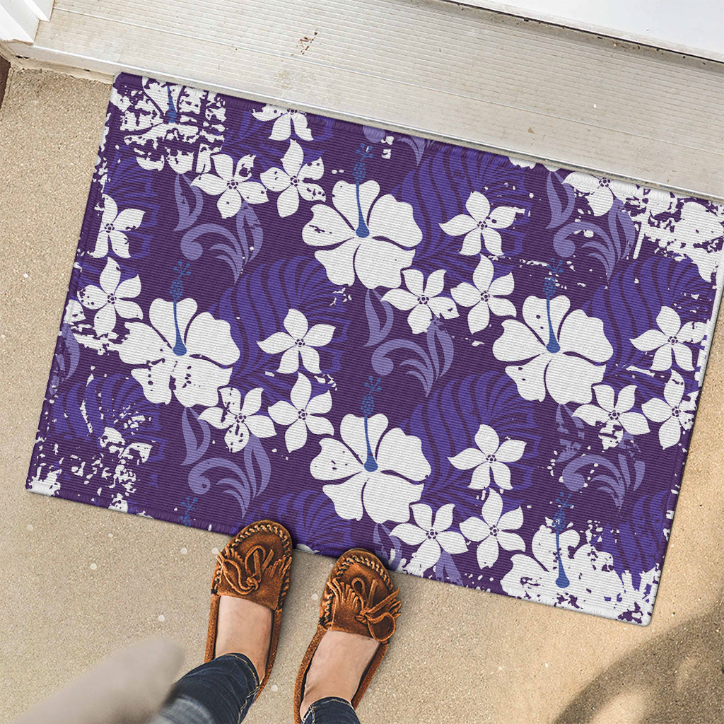 Purple Hawaiian Hibiscus Monstera Rubber Doormat Grunge Stylized