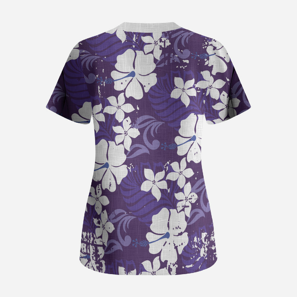 Purple Hawaiian Hibiscus Monstera Scrub Top Grunge Stylized