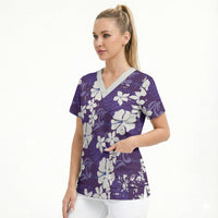 Purple Hawaiian Hibiscus Monstera Scrub Top Grunge Stylized