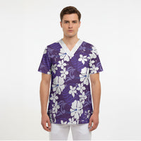 Purple Hawaiian Hibiscus Monstera Scrub Top Grunge Stylized