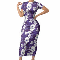 Purple Hawaiian Hibiscus Monstera Short Sleeve Bodycon Dress Grunge Stylized LT01 Long Dress Purple - Polynesian Pride
