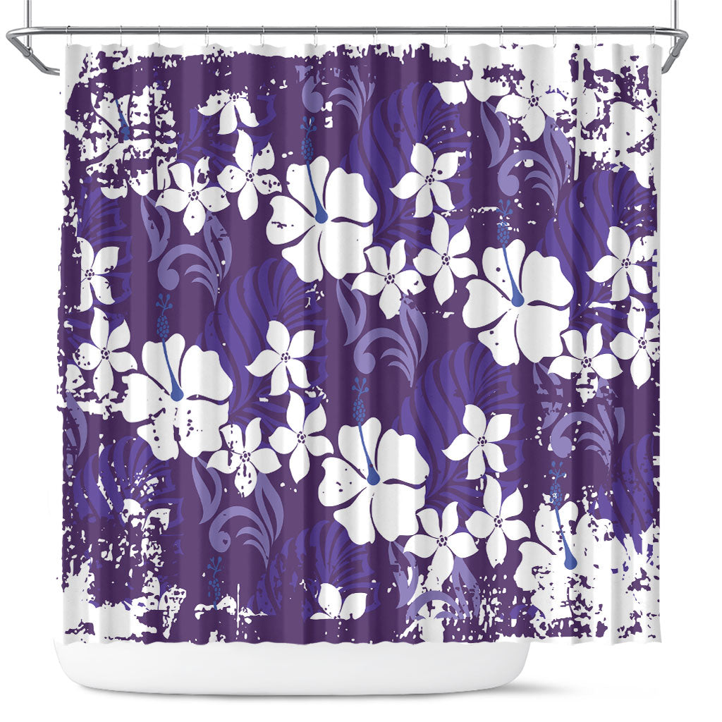 Purple Hawaiian Hibiscus Monstera Shower Curtain Grunge Stylized LT01 Purple - Polynesian Pride