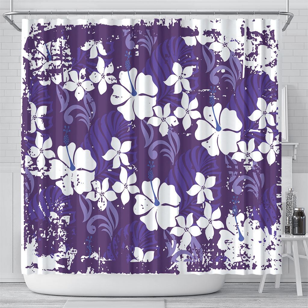 Purple Hawaiian Hibiscus Monstera Shower Curtain Grunge Stylized LT01 - Polynesian Pride