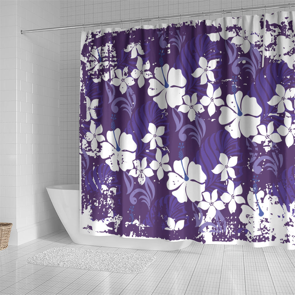 Purple Hawaiian Hibiscus Monstera Shower Curtain Grunge Stylized LT01 - Polynesian Pride
