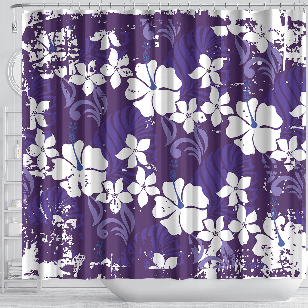 Purple Hawaiian Hibiscus Monstera Shower Curtain Grunge Stylized LT01 - Polynesian Pride