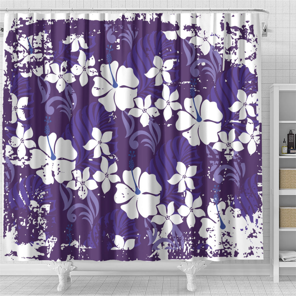 Purple Hawaiian Hibiscus Monstera Shower Curtain Grunge Stylized LT01 - Polynesian Pride