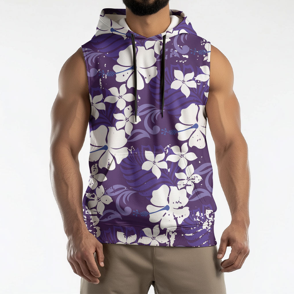 Purple Hawaiian Hibiscus Monstera Sleeveless Hoodie Grunge Stylized LT01 - Polynesian Pride
