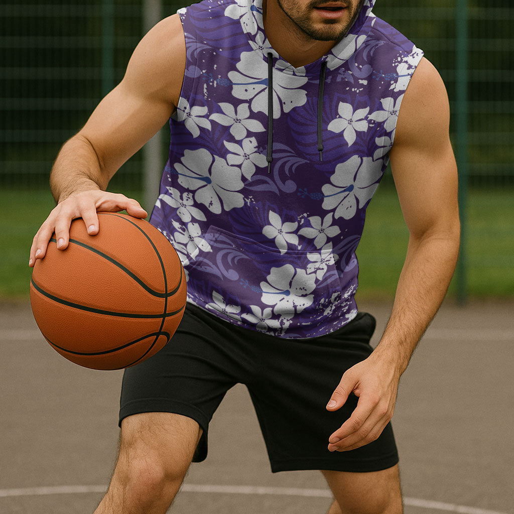 Purple Hawaiian Hibiscus Monstera Sleeveless Hoodie Grunge Stylized LT01 - Polynesian Pride