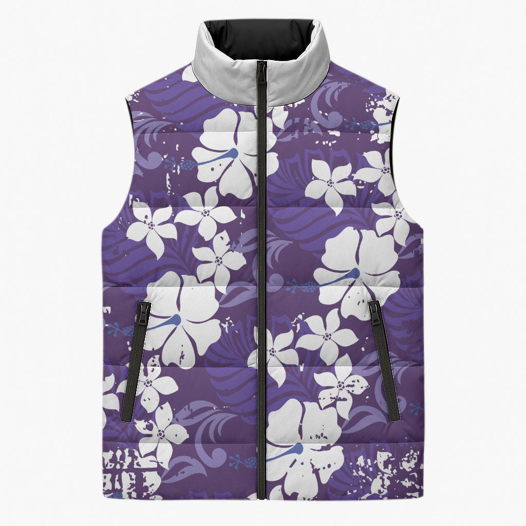 Purple Hawaiian Hibiscus Monstera Sleeveless Puffer Jacket Grunge Stylized LT01 Unisex Purple - Polynesian Pride