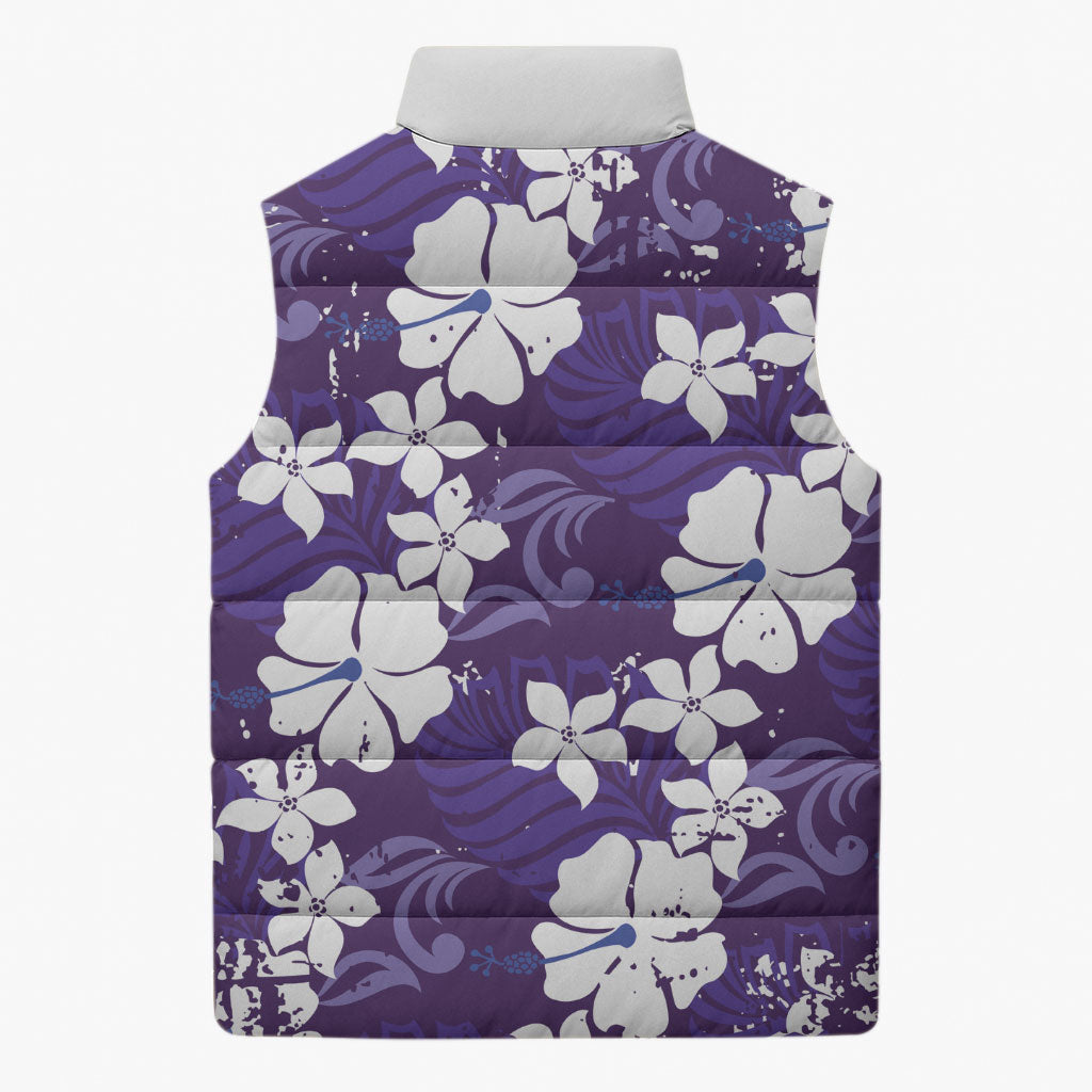 Purple Hawaiian Hibiscus Monstera Sleeveless Puffer Jacket Grunge Stylized