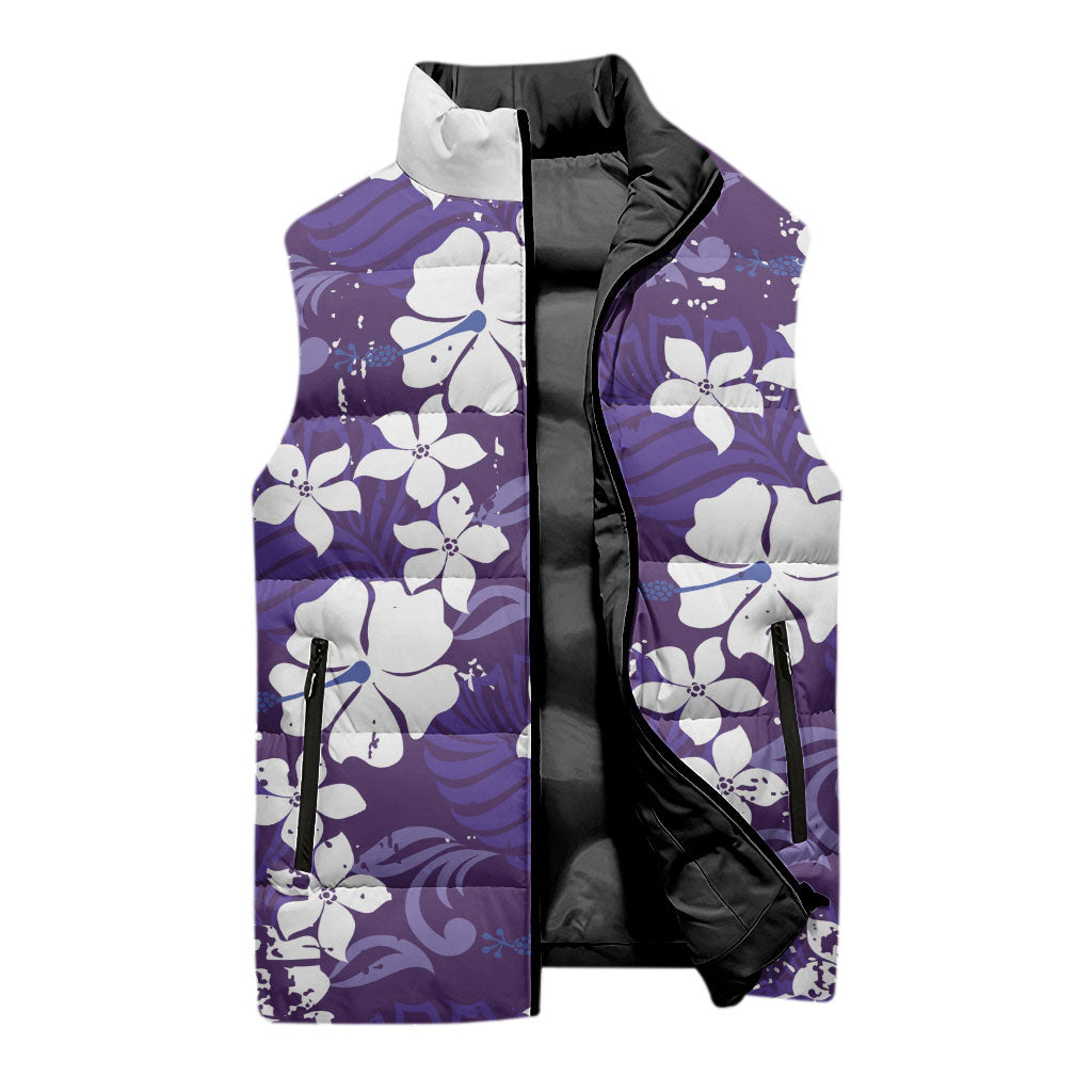 Purple Hawaiian Hibiscus Monstera Sleeveless Puffer Jacket Grunge Stylized