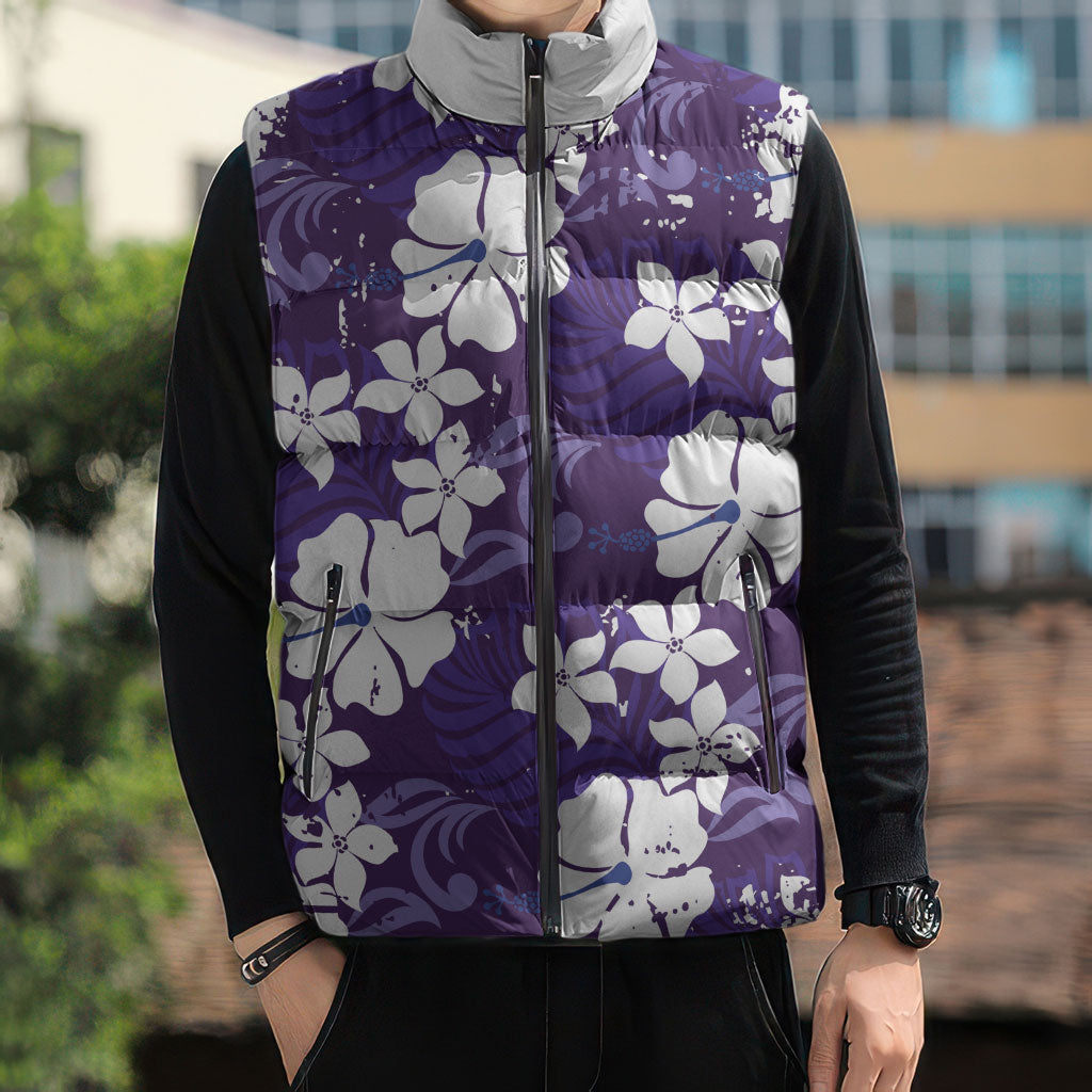 Purple Hawaiian Hibiscus Monstera Sleeveless Puffer Jacket Grunge Stylized