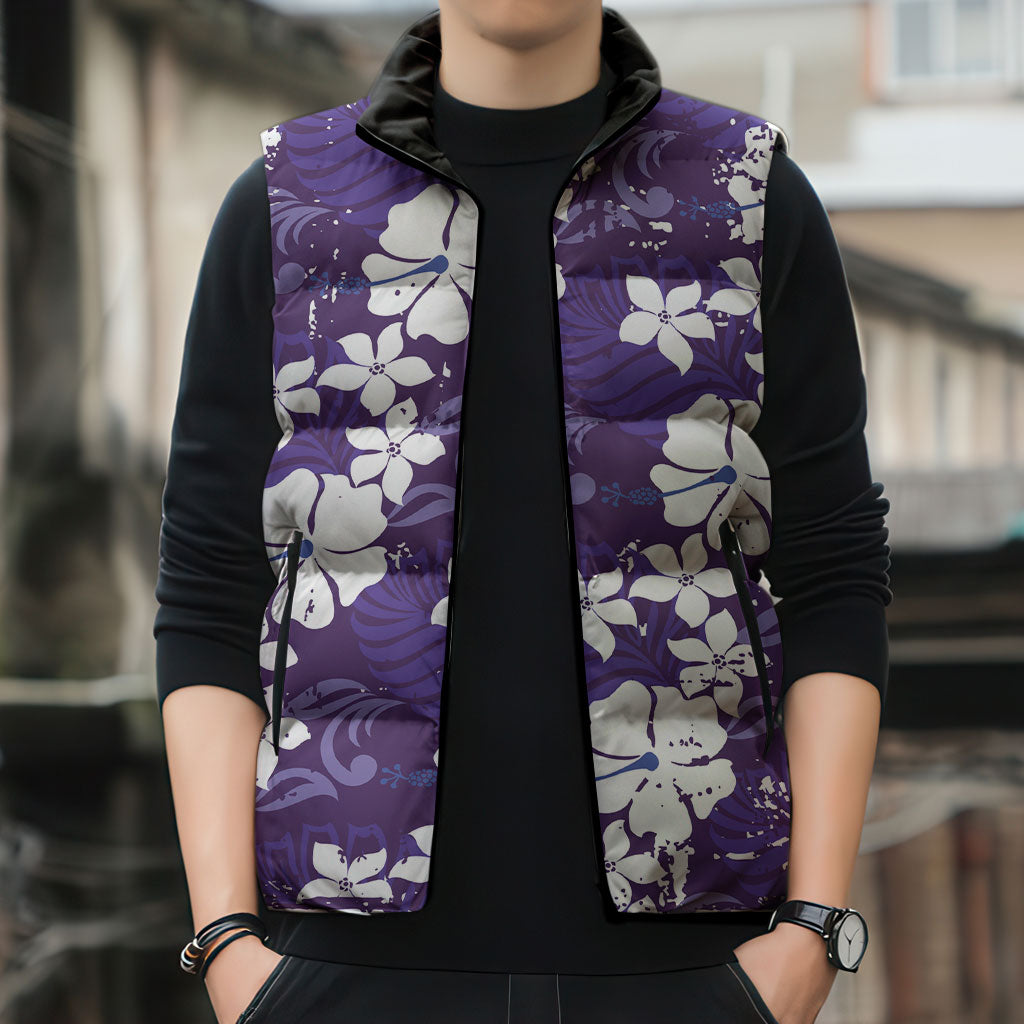 Purple Hawaiian Hibiscus Monstera Sleeveless Puffer Jacket Grunge Stylized