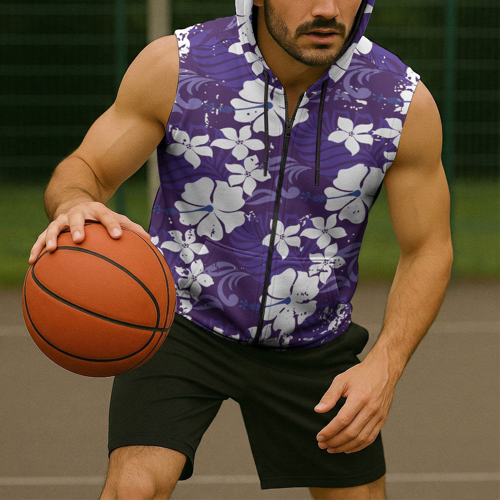 Purple Hawaiian Hibiscus Monstera Sleeveless Zip Hoodie Grunge Stylized LT01 - Polynesian Pride