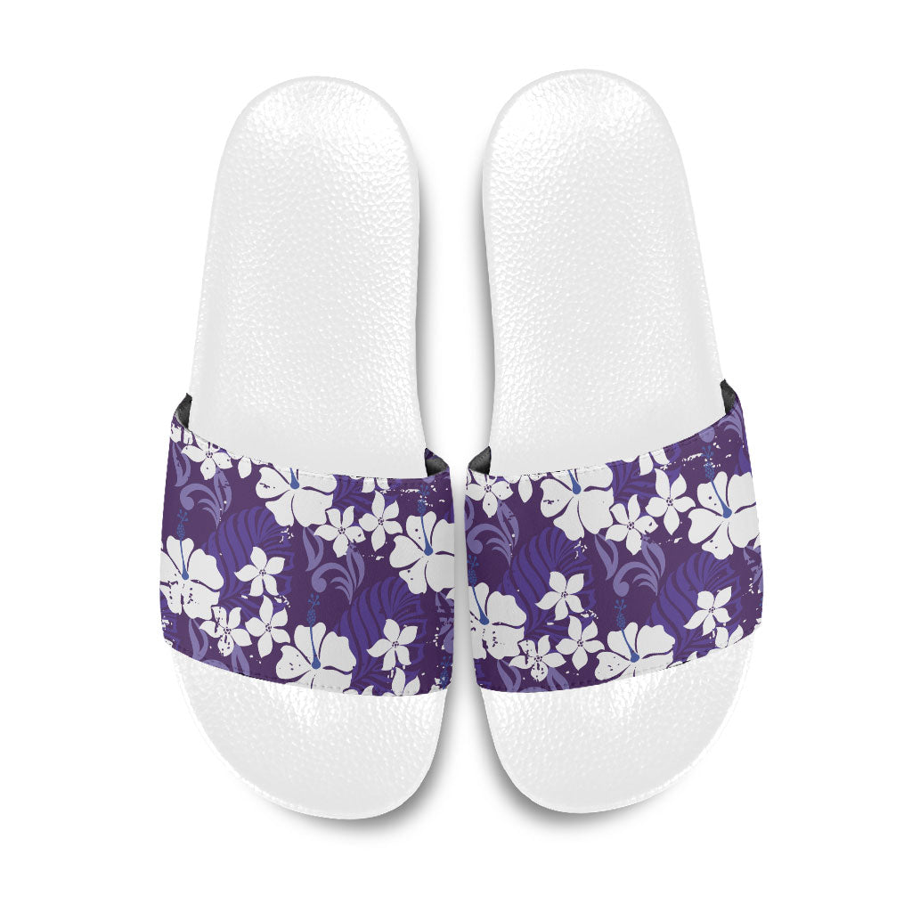 Purple Hawaiian Hibiscus Monstera Slide Sandals Grunge Stylized LT01 Purple - Polynesian Pride