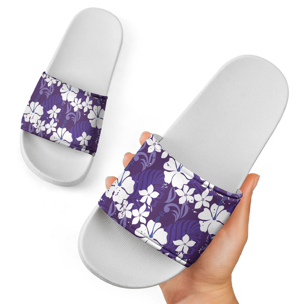 Purple Hawaiian Hibiscus Monstera Slide Sandals Grunge Stylized LT01 - Polynesian Pride